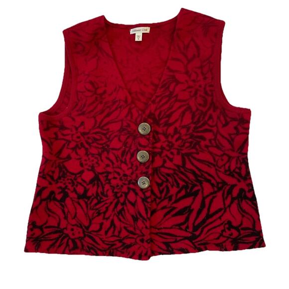 Coldwater Creek Sweater Vest XL Red & Black 100% Wool Floral Pattern Holiday - Picture 1 of 7